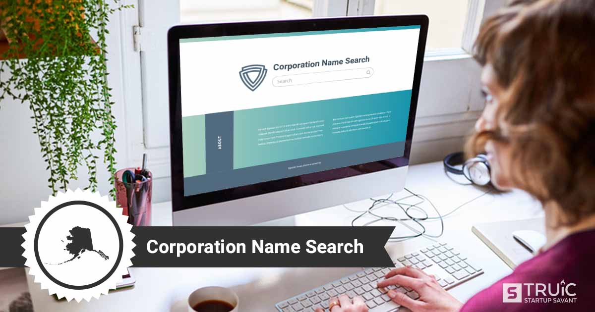 Woman doing an Alaska corporation name search on her computer.