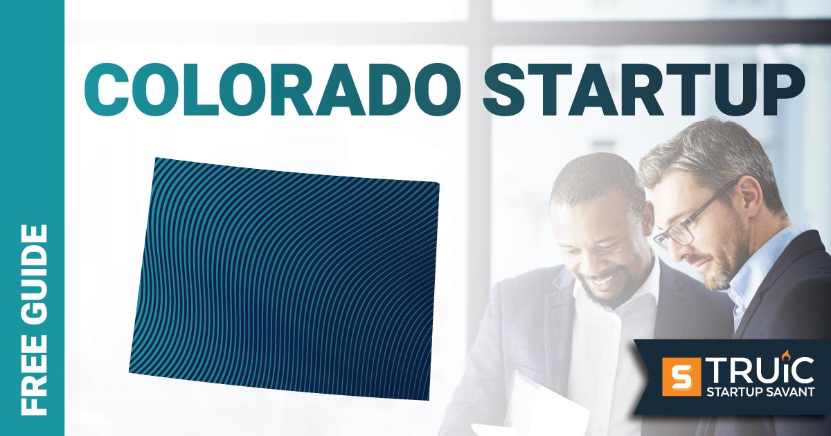 Outline of Colorado with text saying, Start a Startup, over an image of entrepreneurs working at a startup office.