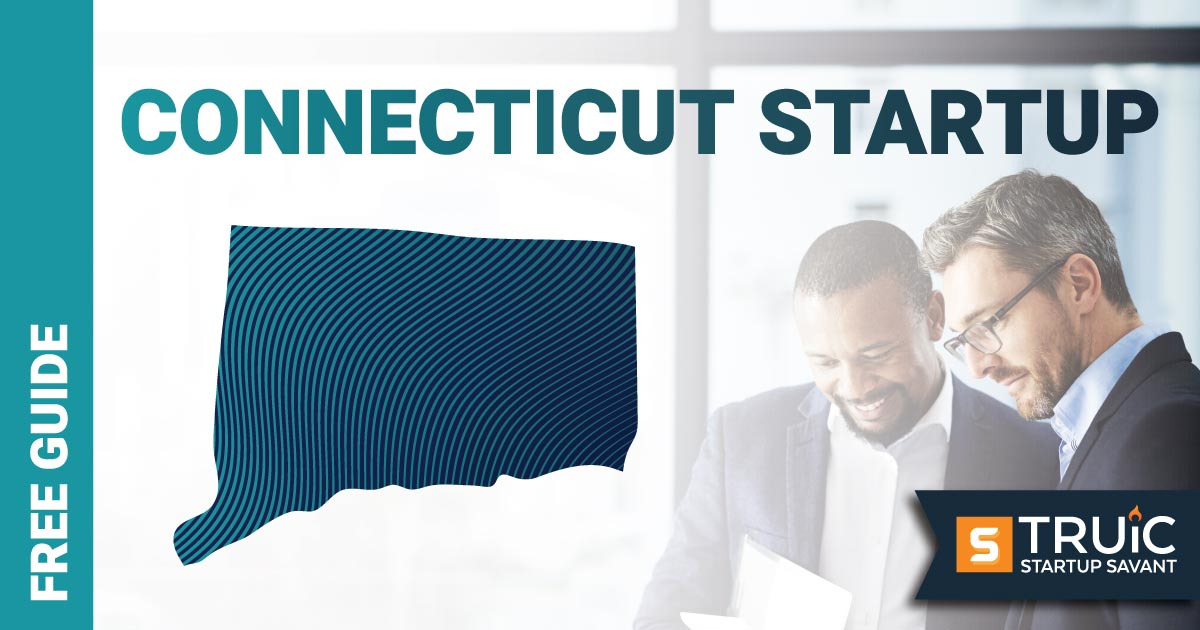 Outline of Connecticut with text saying, Start a Startup, over an image of entrepreneurs working at a startup office.