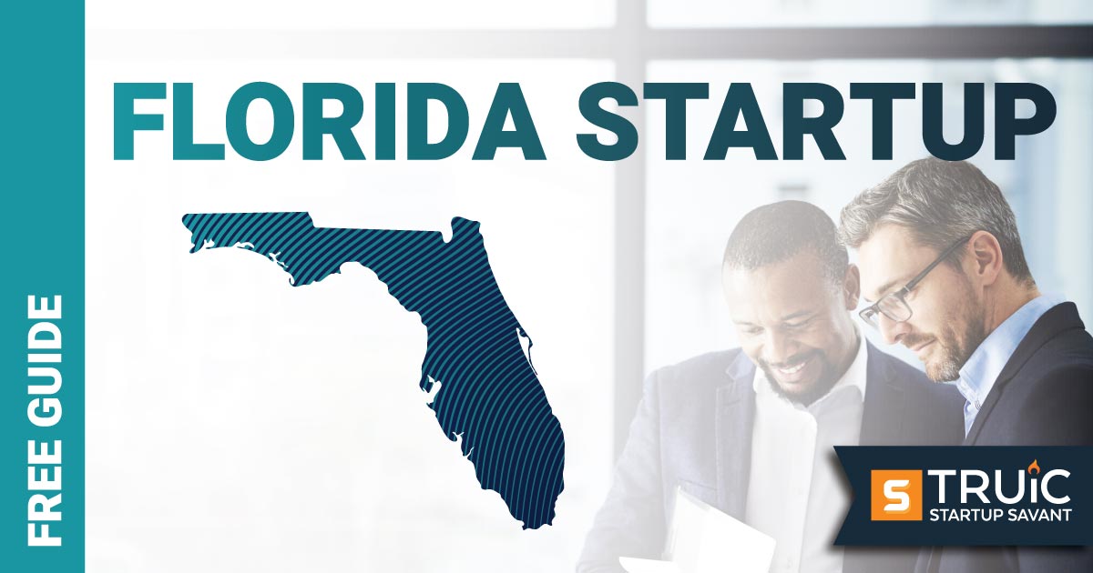Outline of Florida with text saying, Start a Startup, over an image of entrepreneurs working at a startup office.