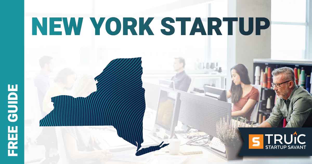 Outline of New York with text saying, Start a Startup, over an image of entrepreneurs working at a startup office.