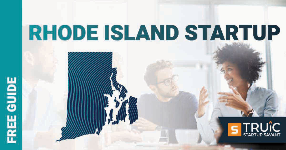 Outline of Rhode Island with text saying, Start a Startup, over an image of entrepreneurs working at a startup office.
