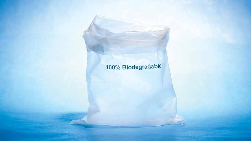 Plastic bag that says "100% Biodegradable."