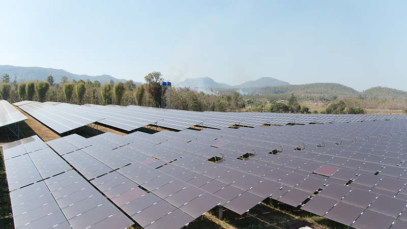 Solar panel farm in the sunlight.
