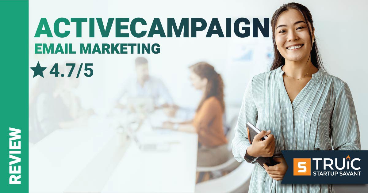 Smiling businessman next to 4.3 stars and pointing at ActiveCampaign logo.