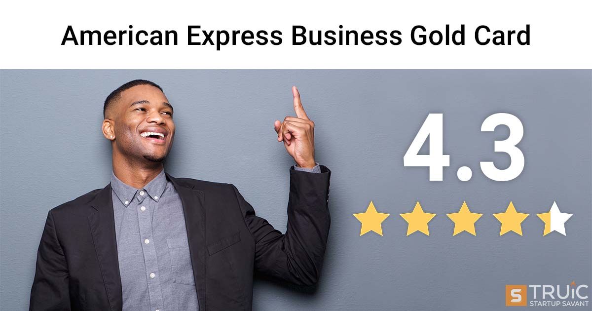 Smiling business person pointing at 4.3 stars and the words, American Express Business Gold Card.