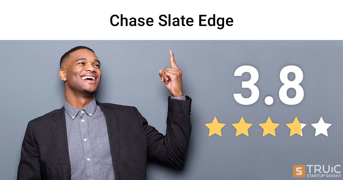 Smiling business person pointing at 3.8 stars and the Chase Slate Edge logo.