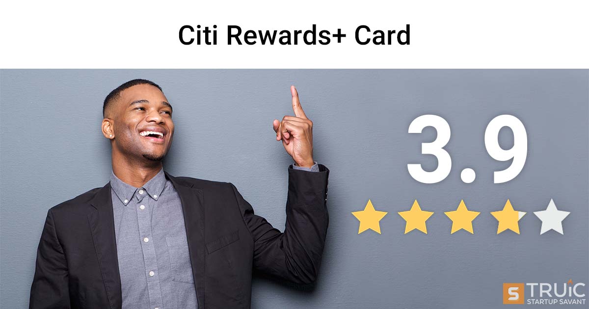 Smiling business person pointing at 3.9 stars and the Citibusiness logo.
