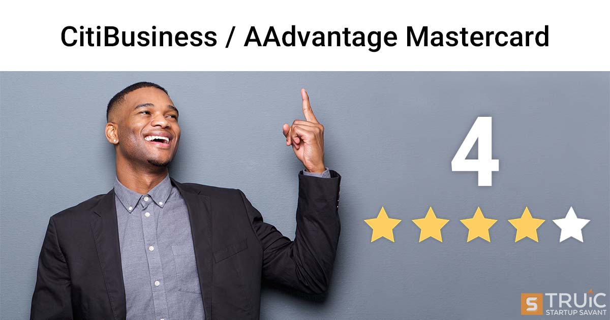 Smiling business person pointing at 4.0 stars and the Citibusiness logo.