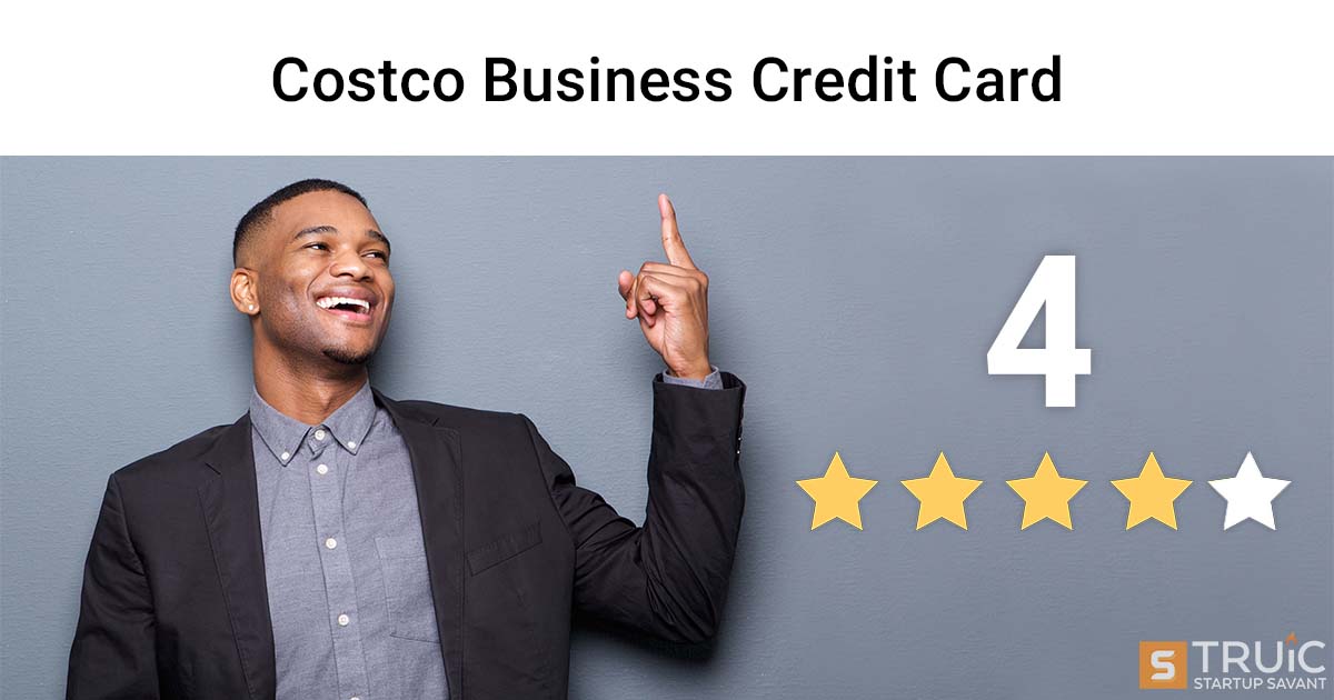 Smiling business person pointing at 4 stars and the words, Costco business credit card.