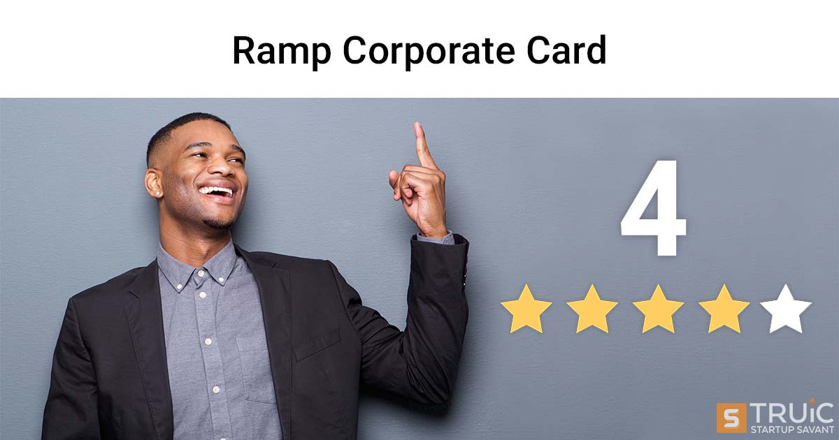 Smiling business person pointing at 4.0 stars and Ramp corporate card logo.