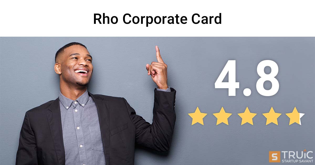 Smiling business person pointing at 4.9 stars and Rho logo.