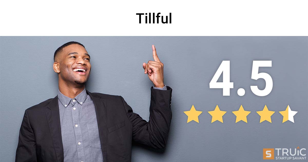 Smiling business person pointing at 4.5 stars and Tillful logo.