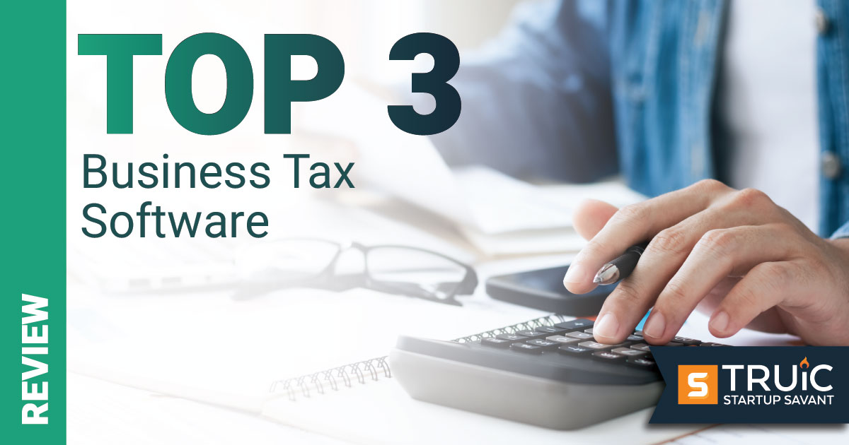 Smiling businesswoman with ribbon that says "Top 3 Tax Software Options."