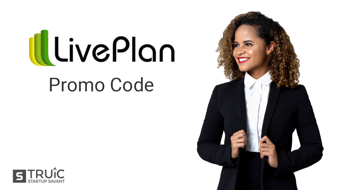 A business woman looking at the Live Plan logo.