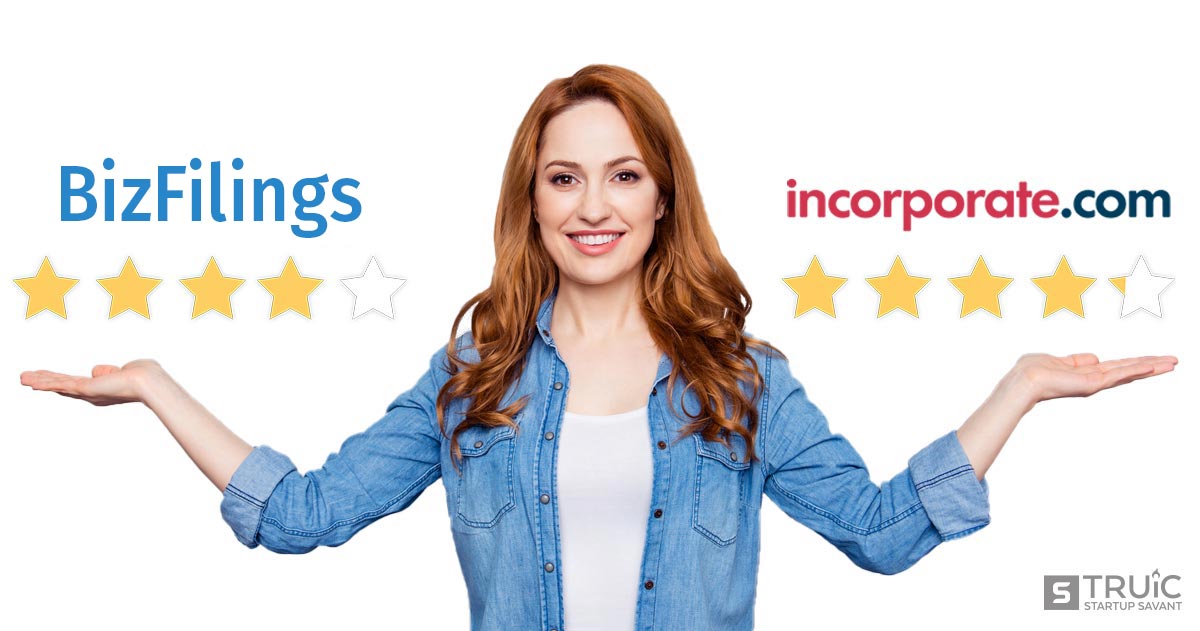 Woman gesturing to four-star BizFilings and four point one star Incorporate.com.