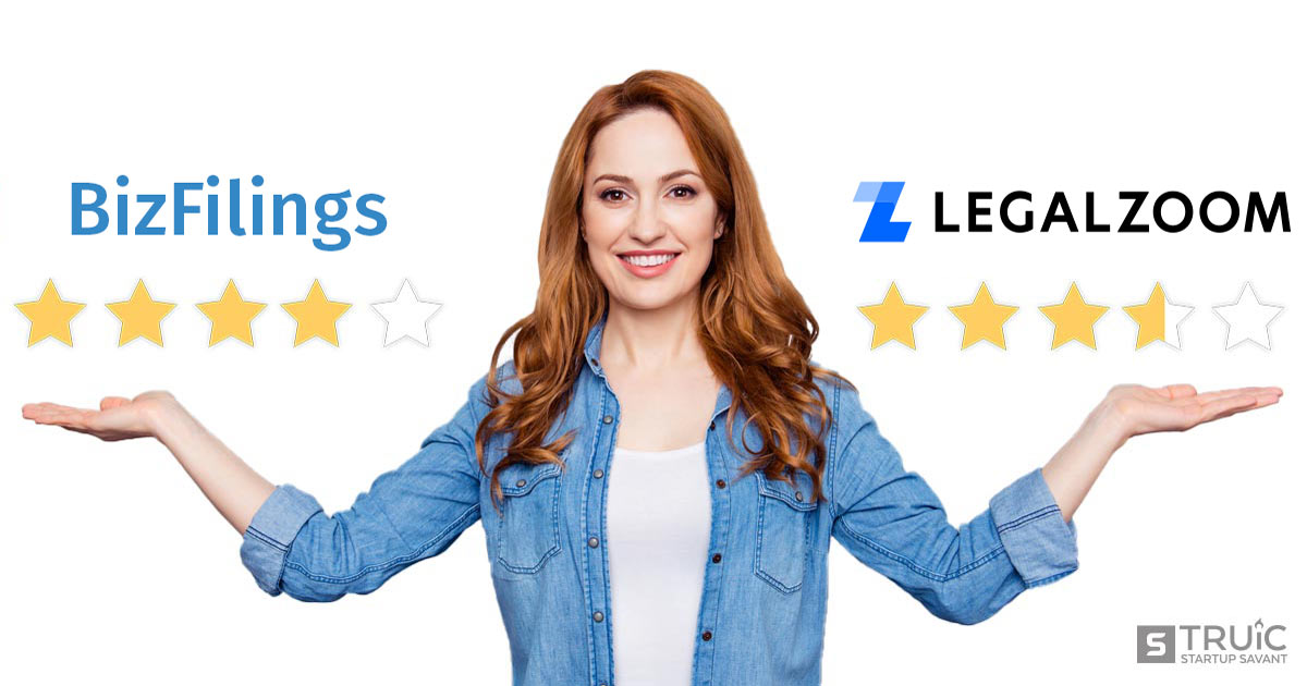 Woman gesturing to four-star BizFilings and three point five star LegalZoom.