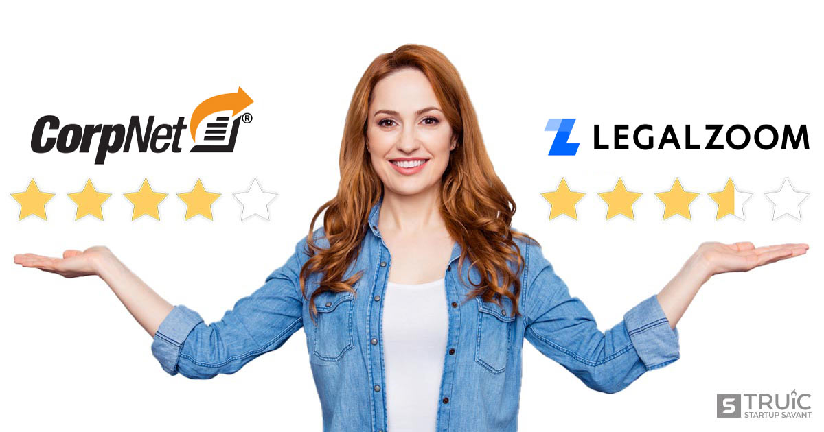 Woman gesturing to four-star CorpNet and three point five star LegalZoom.
