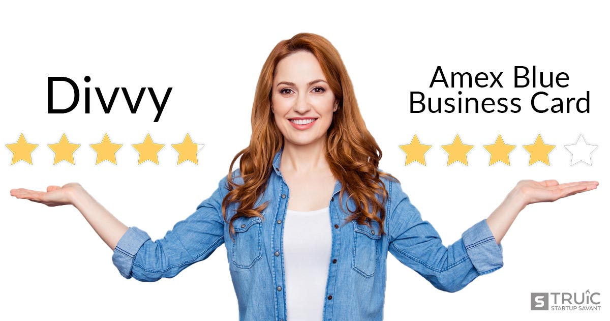 Woman comparing Divvy versus Amex Blue Business ratings.
