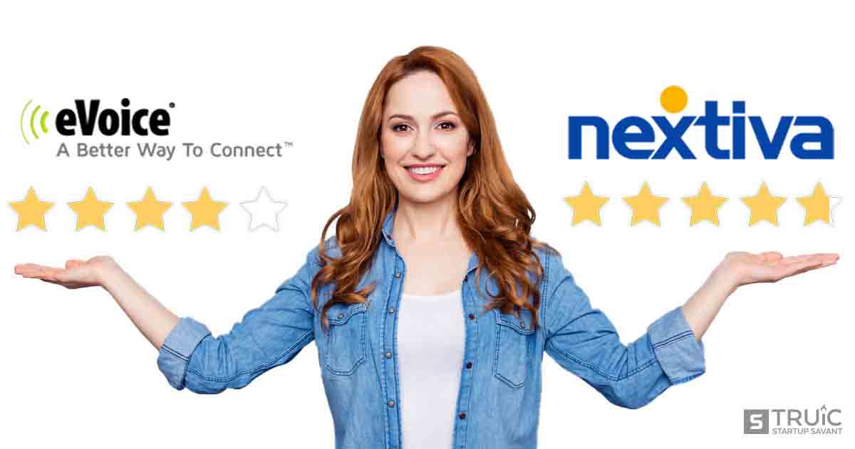 Woman gesturing to four-star eVoice and four point eight star Nextiva.