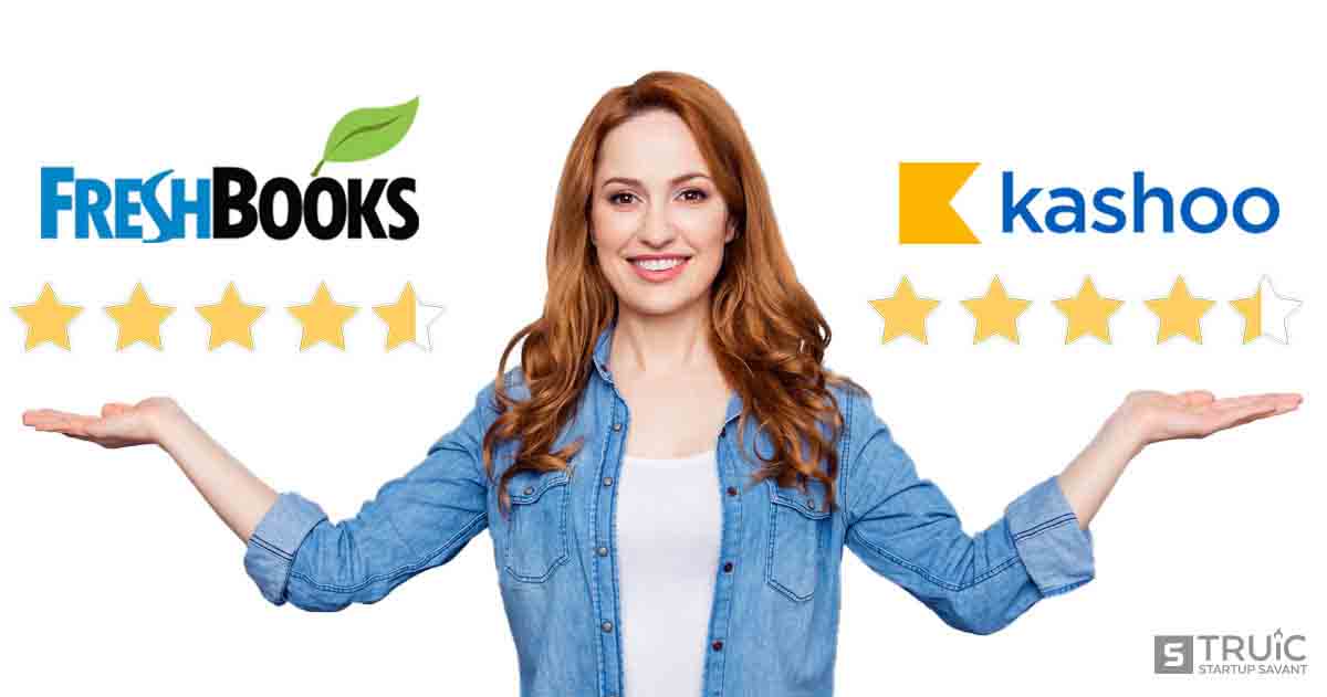 Woman gesturing to four point six star FreshBooks and four point four star Kashoo.