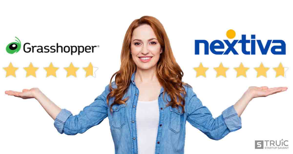 Woman gesturing to four point seven star Grasshopper and four point eight star Nextiva.