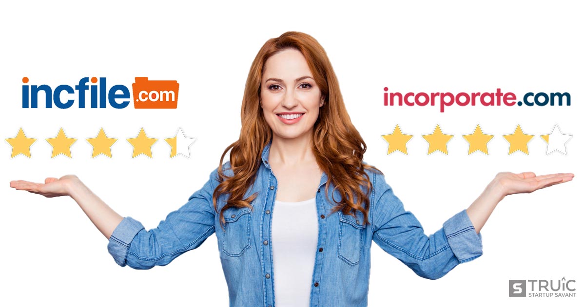 Woman gesturing to four point three star Incfile and four point one star Incorporate.com.
