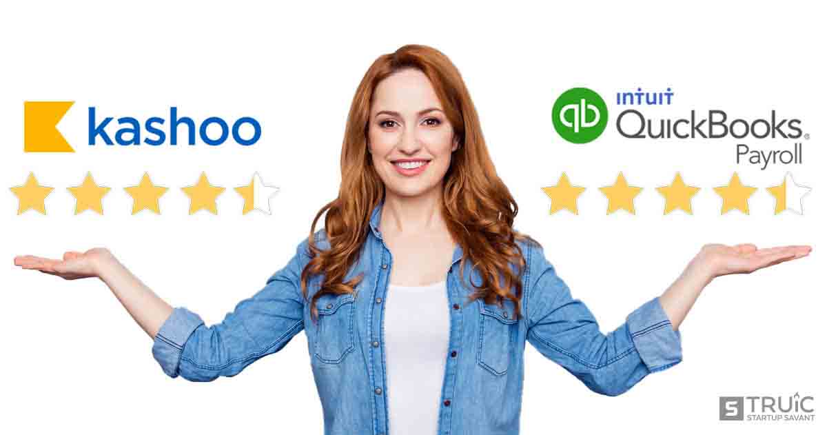 Woman gesturing to four point three star Kashoo and four point three star QuickBooks.