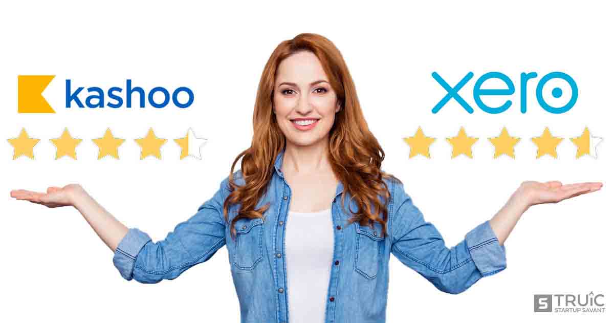 Woman gesturing to four point three star Kashoo and four point six star Xero.
