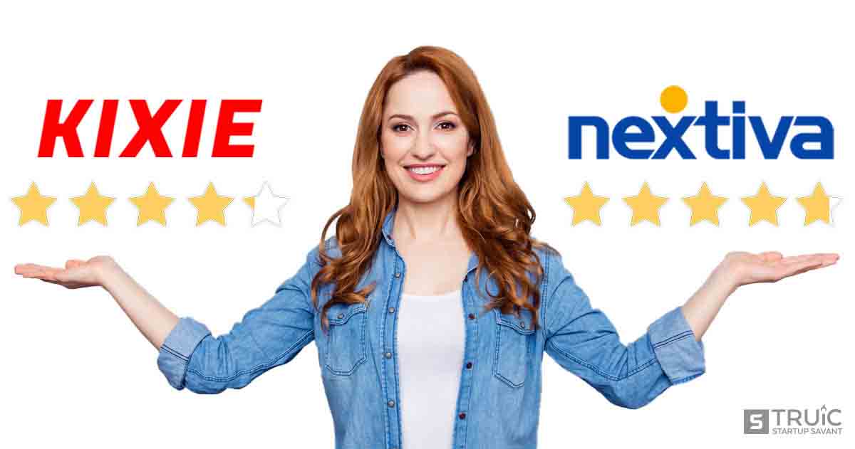 Woman gesturing to four point one star Kixie and four point eight star Nextiva.