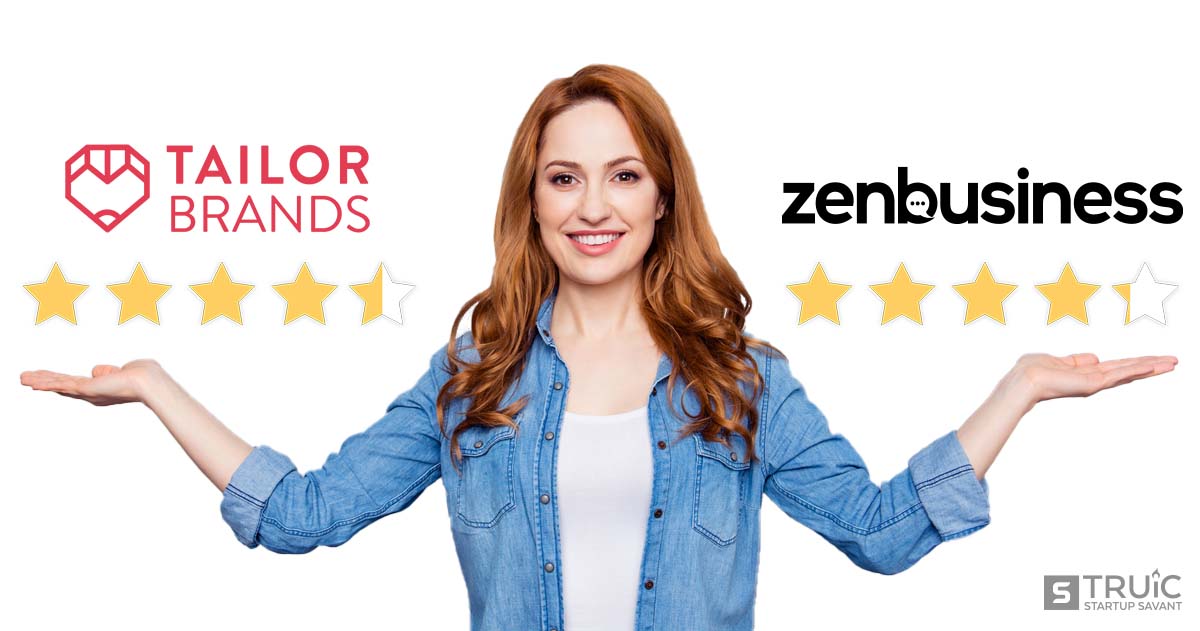 Woman gesturing to four point five star Tailor Brands and four point two star ZenBusiness.